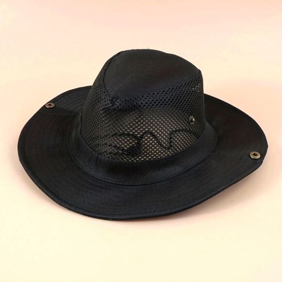 Unisex Breathable Mesh Fisherman Bucket Hat Solid Color Black - Picture 3 of 4